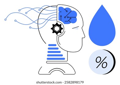 Human head with brain circuitry, gear, and flowing data lines, accompanied by a blue water droplet and percentage symbol. Ideal for AI, data science, technology, innovation, machine learning, brain