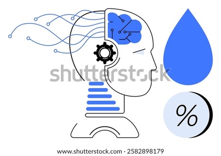 Human head with brain circuitry, gear, and flowing data lines, accompanied by a blue water droplet and percentage symbol. Ideal for AI, data science, technology, innovation, machine learning, brain