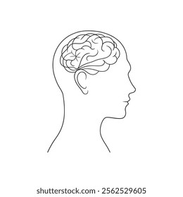 Human head with a brain Continuous line art flat vector illustration on white background.