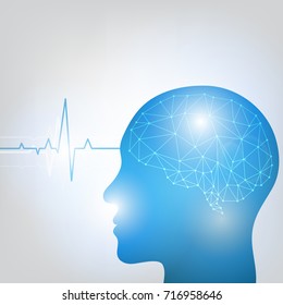 Human head and brain. Different kind of waveforms produced by brain activity shown on background. Vector illustration