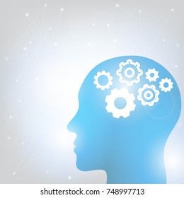 Human head and brain. Different kind of waveforms produced by brain activity shown on background. Vector illustration