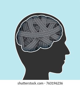 Human head with a brain in the form of a road. Stock vector illustration.