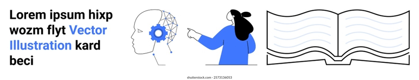 Human head with a brain gear, a person pointing at a gear, and an open book. Ideal for education, online learning, brain training, cognitive development, and technology in education. Banner