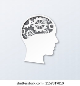 Human head with brain gears in progress. Vector illustration paper art, paper cutting style for thinking mind, brain system, psychology, technology, knowledge concept.