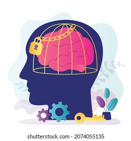 Human Head, Brain In Golden Cage With Chain. Limited Thinking In Humans. Brain Closed To New Information And Ideas. Mind Does Not Develop Or Learn. Mind Is In Strict Limits. Flat Vector Illustration