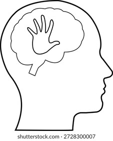 Cabeça humana com cérebro e mão - Ícone de conceito de saúde mental