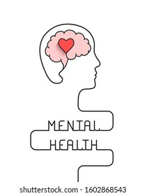 Human head and brain with heart outline as mental health, emotional well being and awareness concept