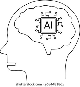 Icono de cerebro de cabeza humana y procesador de inteligencia artificial con fondo blanco. con líneas negras