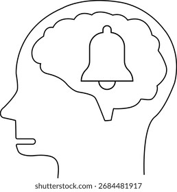 Icono del cerebro de la cabeza humana e icono de la campana con el fondo blanco. Con las líneas negras