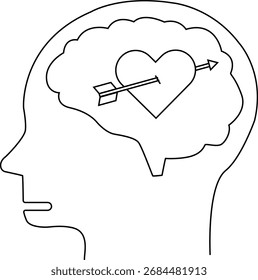 Icono del cerebro de la cabeza humana y icono de la flecha del amor con el fondo blanco