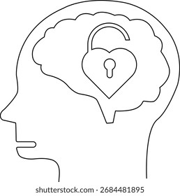 Icono del cerebro de la cabeza humana y icono abierto del candado del amor con el fondo blanco