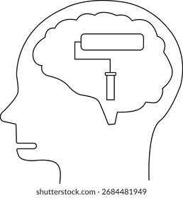 Icono del cerebro de la cabeza humana y icono del rodillo de la pintura con el fondo blanco
