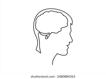 Human head with brain icon, brain symbol in line style isolated on white background, vector illustration.	
