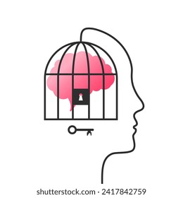 Human head, brain inside cage and lock and key concept. Mind behind bars as mental prison, trauma, amnesia, memory loss, awareness problem or thinking difficulty symbol.