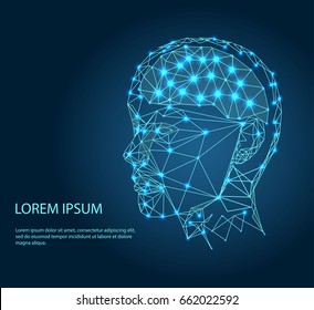 Human head with the brain inside. The concept of thinking processes. Wires from the point of brain graphics, vector illustration.