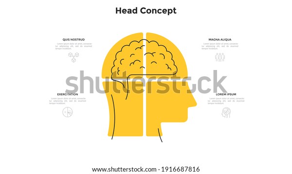 Human head with brain inside divided into 4\
sectors. Concept of four steps of smart strategic business\
thinking. Minimal infographic design template. Modern flat vector\
illustration for\
presentation.