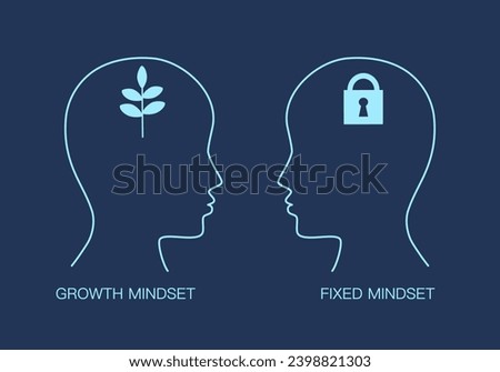 Human head with brain inside. Growth mindset VS Fixed mindset. Mindset Opposite Positivity Negativity Thinking Concept.