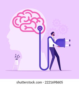 human head with brain inside and man putting power plug into socket. Concept of productivity boost, source of energy for brain charging, flat vector illustration