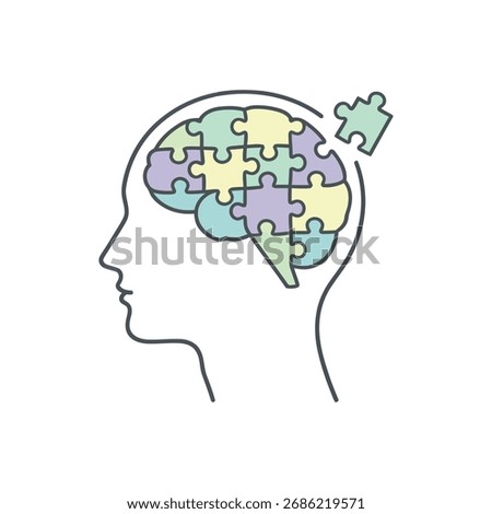 Human head with brain as a jigsaw puzzle and a final piece. Concept of psychology, problem-solving, and mental health solutions. Line art icon for therapy, memory loss, and dementia.

