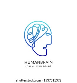 Human head and brain logo sign or emblem design template, isolated on white background. Abstract continuous line creative idea vector icon. Concept for education technologies and business innovations