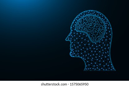 Human head and brain low poly icon, human organ abstract geometric image, medical wireframe mesh polygonal vector illustration made from points and lines on dark blue background