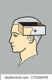 Cabeza humana. El cerebro de un hombre con una caja abierta. Forma abstracta de una cabeza humana con una caja. Simboliza el cambio de pensamientos, el efecto en las opiniones, hábitos.