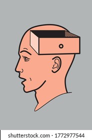 Cabeza humana. El cerebro de un hombre con una caja abierta. Forma abstracta de una cabeza humana con una caja. Perfil.  Las emociones sorprenden, perplejidad, interrogantes, miedo. Simboliza cambios en los pensamientos, la influencia 