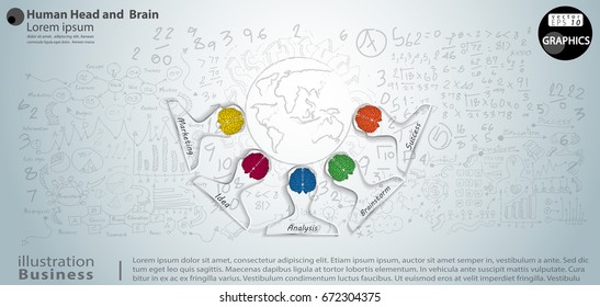 Human Head  and  Brain   - modern Idea and Concept Vector illustration Business Infographic template with  text Marketing, Idea, Analysis,  Brainstorm, 
Success.