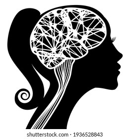 Human head with brain network, silhouette of a vector young woman's profile, beauty girl's head with medical neurology concept