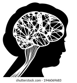Human head with brain network, silhouette of a vector old woman's profile, beauty lady's head with medical neurology concept