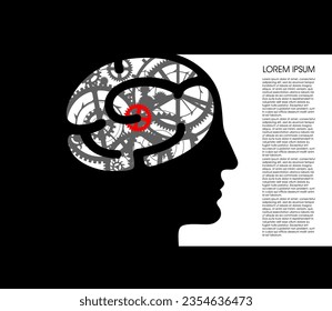 Cabeza humana con cerebro. Plantilla de página sobre el tema de la ciencia. El proceso de pensamiento, el trabajo del cerebro. Cabeza humana negra con cerebro en forma de mecanismo con artes grises. Ilustración del vector