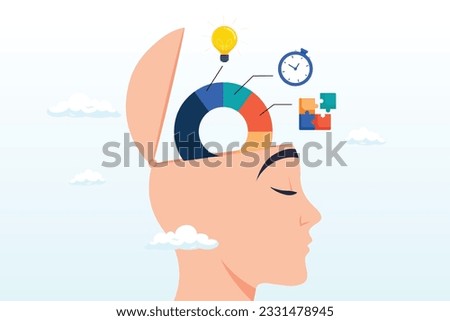 Human head brain with pie chart of idea, solution and time, cognitive ability skill to think and process solution or idea to solve problem in timely manner, intelligence, aptitude test (Vector)