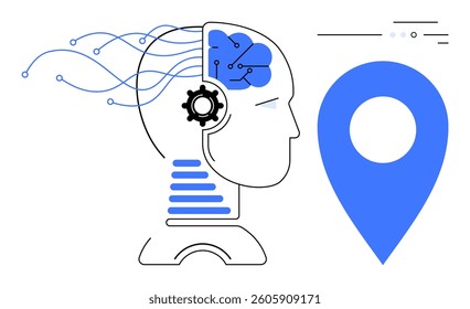 Human head with a brain represented by circuits, gear symbol in ear area, connected to blue GPS location marker, and data lines. Ideal for AI concepts, technological innovation, navigation, digital