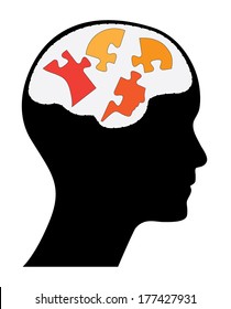 Human head with brain and head shaped puzzle pieces, creative strategy concept vector design.