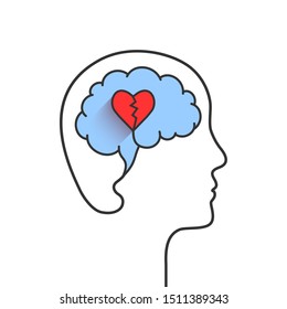 Human Head And Brain Silhouette With Broken Heart As Mental Disorder, Depression Or Heartbreak Concept