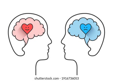 Human head and brain silhouette with happy and sad heart in comparison as mental health, depression or related psychological disorder concept. Vector illustration isolated on white background.