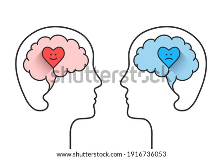 Human head and brain silhouette with happy and sad heart in comparison as mental health, depression or related psychological disorder concept. Vector illustration isolated on white background.