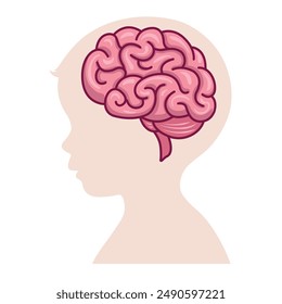 Human head with brain silhouette icon Simple view of head, human brain vector illustration in flat style.