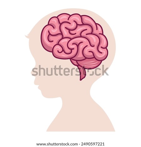 Human head with brain silhouette icon Simple view of head, human brain vector illustration in flat style.