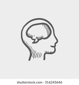 Human Head With Brain Sketch Icon For Web, Mobile And Infographics. Hand Drawn Vector Dark Grey Icon Isolated On Light Grey Background.