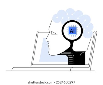 A human head with a brain symbol interlinked to a microchip labeled AI inside a laptop. Ideal for technology, artificial intelligence, human-computer interaction, future concepts, and cognitive