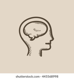 Human head with brain vector sketch icon isolated on background. Hand drawn Human head with brain icon. Human head with brain sketch icon for infographic, website or app.