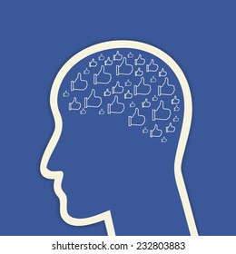 Human head with brain which consists of a lot of thumb up symbols for social networks. Social media addiction of people concept illustration