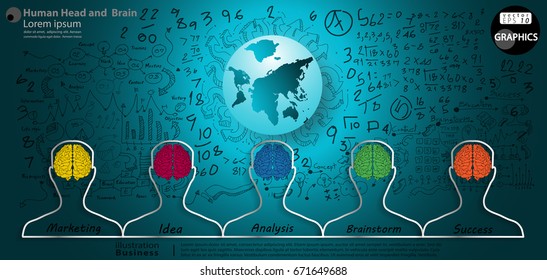 Human Head  and  Brain White line  background blue - modern Idea and Concept Vector illustration Business Infographic template with  text Marketing, Idea, Analysis,  Brainstorm, Success.
