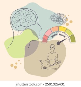 Human head with brain, woman in lotus pose and health meter. Psychology concept, mental balance, emotions and feelings control, patience or tolerance, self esteem and confidence level.