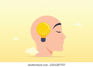 Human head with bright lightbulb metaphor of wisdom and education, wisdom, education or philosophy, knowledge and learning, understanding or intuition, critical thinking or creativity, study (Vector)