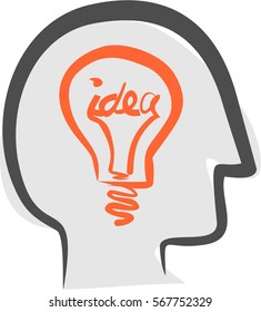 Human head with bulb, idea, grey, orange