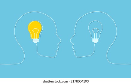 Human head with bulb lamp. Nonstandard thinking, creative idea concept. Vector illustration isolated on blue background.