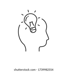 Human head with bulb vector illustration in simple line design suitable for idea icon 