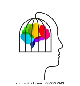 Human head and cage concept with colorful brain as creative thinking and block, untapped personal potential or obstruction of individual talent symbol